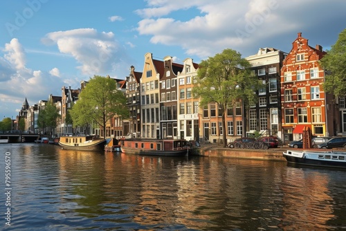  Scenery of Amsterdam skyline with its typical canal houses, Ai generated