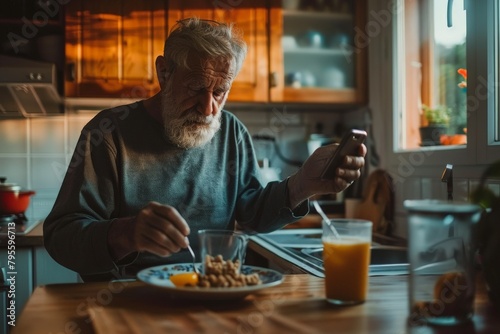 Smiling white-haired handsome senior woman sitting outdoors at cafe table enjoying breakfast with coffee, sweet food and orange juice.. Beautiful simple AI generated image in 4K, unique. photo