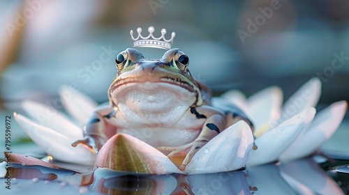 Frolicsome frog with a crown sits royally on a white lily pad