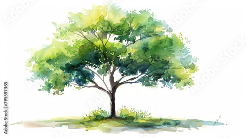 Green tree on a white background. Watercolor painting.