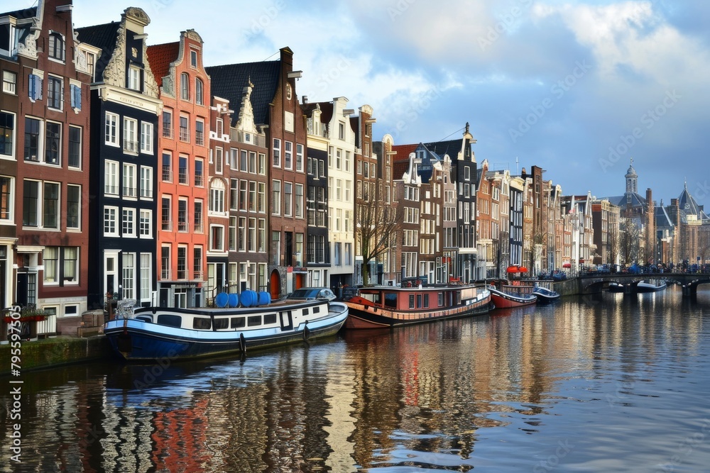  Scenery of Amsterdam skyline with its typical canal houses,  Ai generated