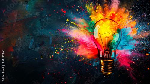 Creative Concept of Colorful Explosion in a Light Bulb 