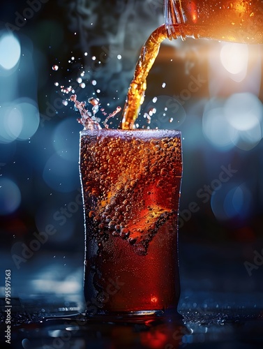 Refreshing Carbonated Beverage Pouring into Glass with Dramatic Lighting and Sparkling Effects