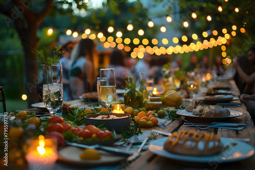 Rustic summer garden party with string lights, a long table set with seasonal fare, and guests mingling in the evening air