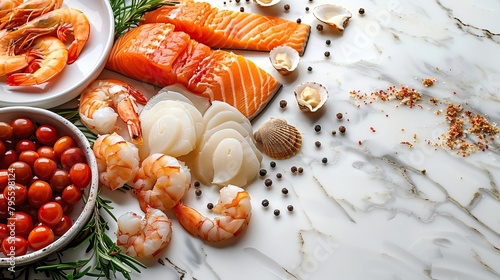 Beautiful seafood with vegetables and herbs on a dark stone background. Food advertising. Banner, menu.