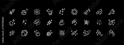 Doodle outer space cosmic icons set. Planets, constellation, spacecraft, rocket hand drawn linear illustration. Falling stars and comets. Alien ship. Astronomy science and astrology concept.