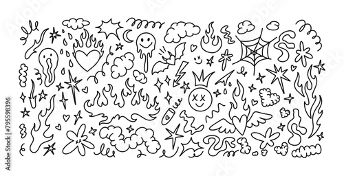 Doodle emo goth design elements. Graffiti urban wall street art background. Hand drawn y2k brutalism elements. Smile emoticons. Fluid liquid organic shapes. Rock and punk sketch drawings