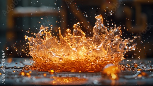 Dynamic explosion of molten glass in a factory setting, showcasing high temperature and fluidity