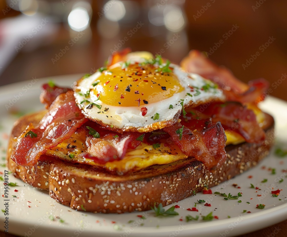 Bacon and egg sandwich on a white plate Bacon and egg sandwich on a white plate