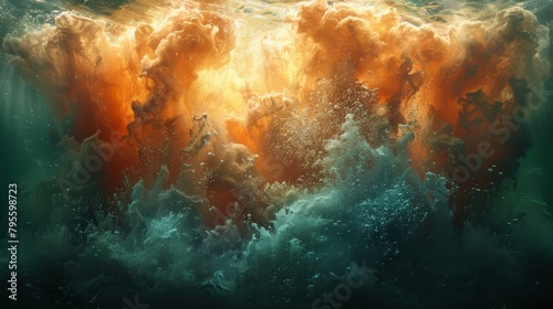 Dramatic underwater explosion captured in slow motion, showcasing fiery blast and swirling smoke bubbles