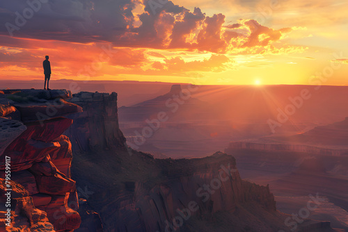 Adventure traveler standing at the edge of a cliff overlooking a vast canyon at sunset, concept of exploration and nature