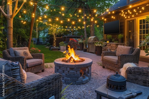 Imagine a backyard oasis with a cozy fire pit, comfortable seating, and string lights for a warm, inviting atmosphere 8K , high-resolution, ultra HD,up32K HD photo