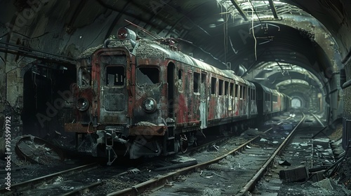desolate abandoned train wreck in grungy underpass postapocalyptic concept art