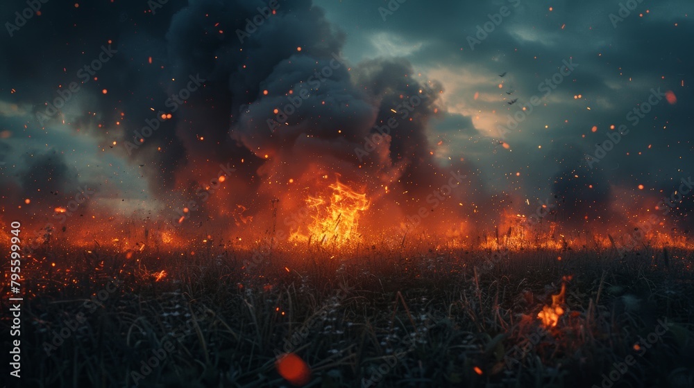 Embers floating through a forest during an intense explosion creating a dramatic atmosphere