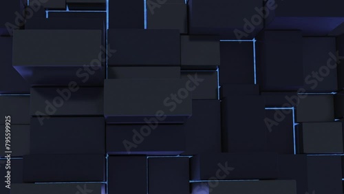 Dynamic squares animate across a black background with blue neon lights, creating a modern, abstract, and minimalistic structure. Geometric transform animation. photo