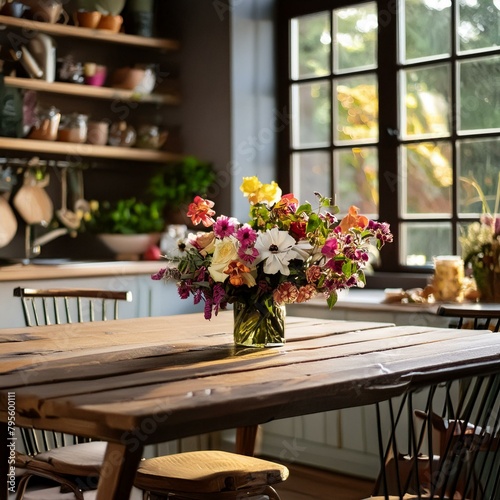 the charm of a sunlit kitchen, where a wooden table adorned with vibrant flowers takes center stage 