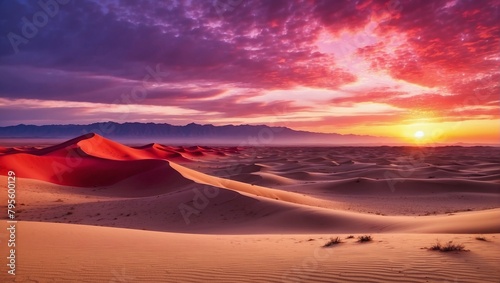 the sky is colored in various shades of red  yellow and purple  with sand dunes in the foreground