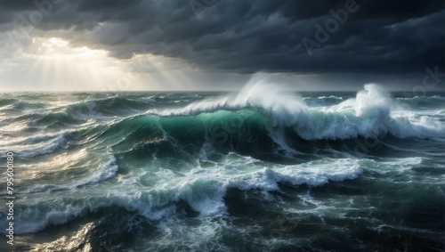rough ocean during a storm with high waves and a dark sky with glimpses of the sun