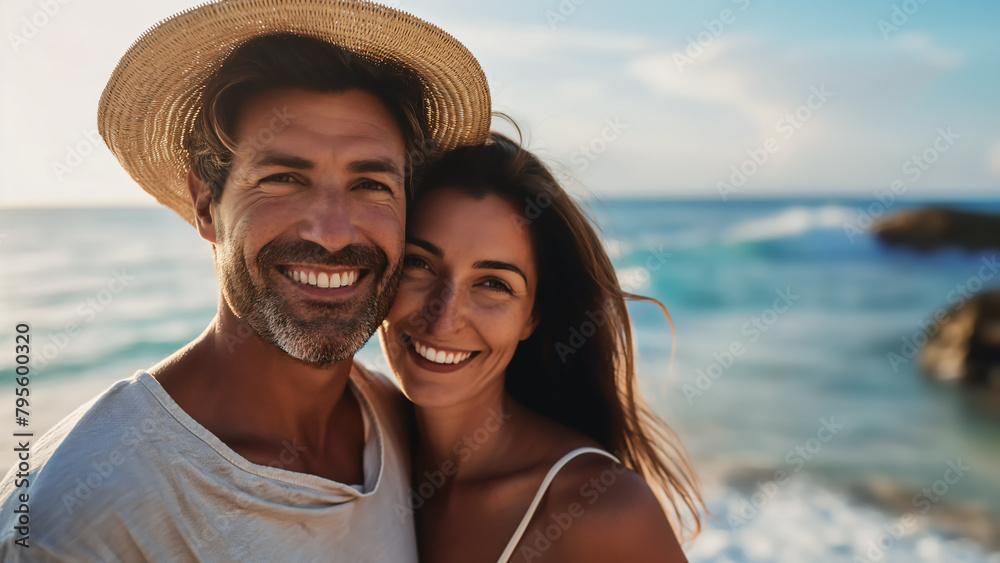 Glückliches Paar in sommerlicher Kleidung lächelt im Urlaub am Strand