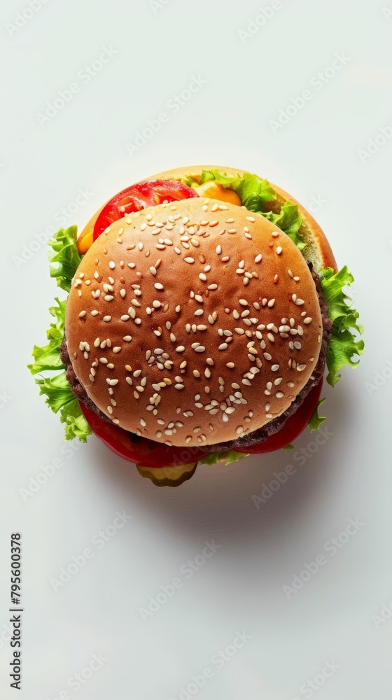 Hamburger with lettuce and tomato on white background