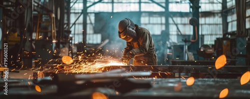 A worker working in metal work  on steel structure in factory. photo