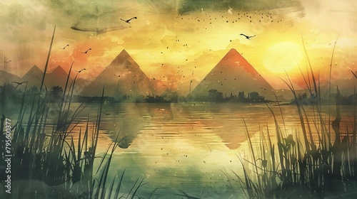 egyptian plagues watercolor illustration of egypt pyramids and locusts flying over the nile photo