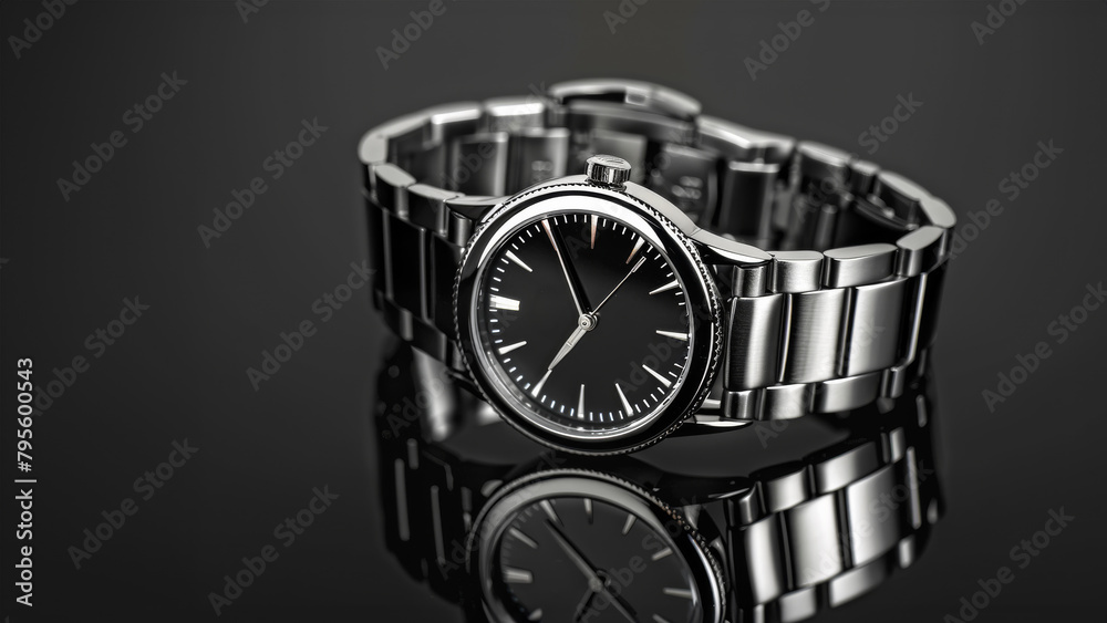 Stylish silver watch black background reflection Stylish silver watch black background reflection