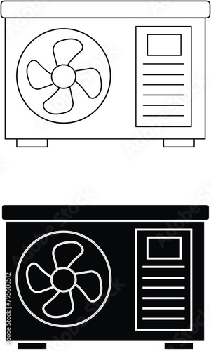 Ac outdoor unit icon set in filled and outlined style. air conditioner outdoor fan system symbol in line style.