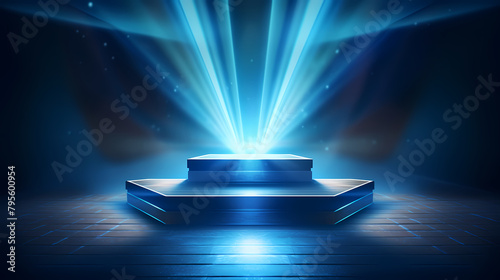Round podium with shining blue light and digital technology elements