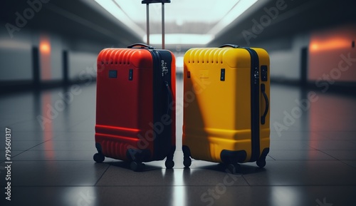 Two suitcases, one red and one yellow, are sitting side by side.