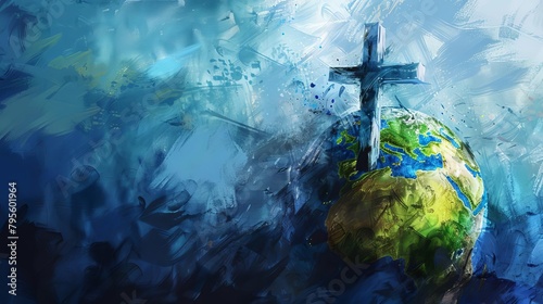 global faith earth with christian cross inspirational watercolor digital painting