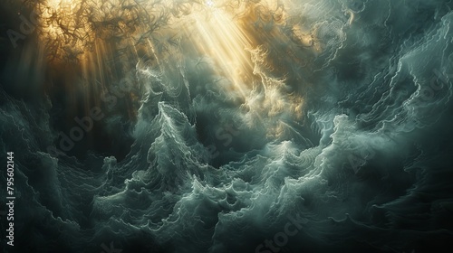Dramatic smoke clouds illuminated by golden sunlight in a surreal atmosphere
