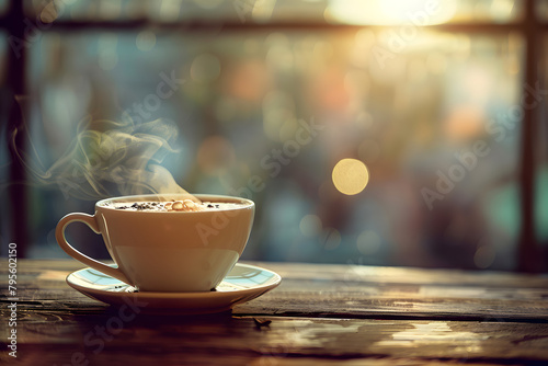 Steaming cup of coffee on a rustic table with soft morning light, blurred cozy background 