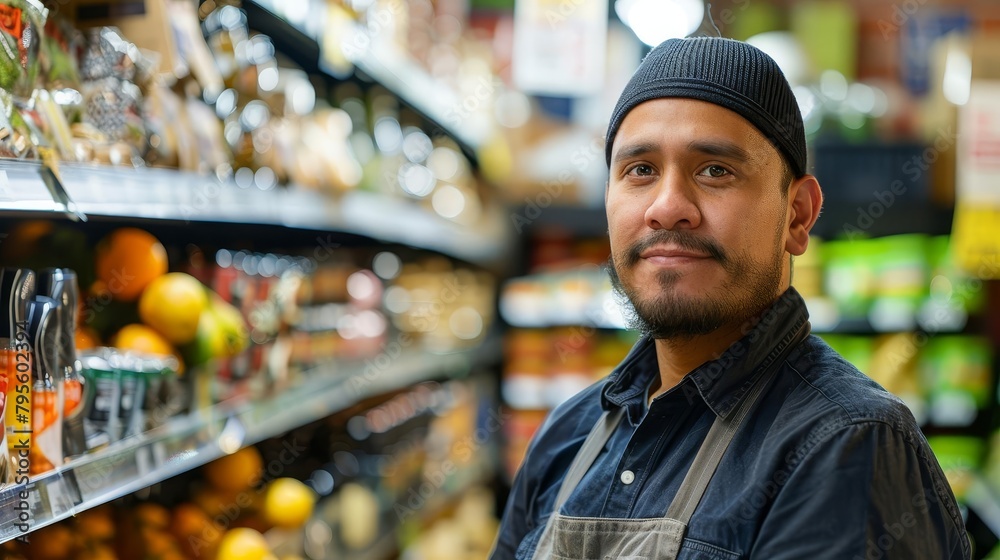 hardworking hispanic male employee stocking shelves in supermarket dedicated worker in retail industry candid portrait photography