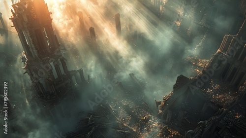 Dramatic sunlight breaks through smoke over the ruins of a majestic cathedral