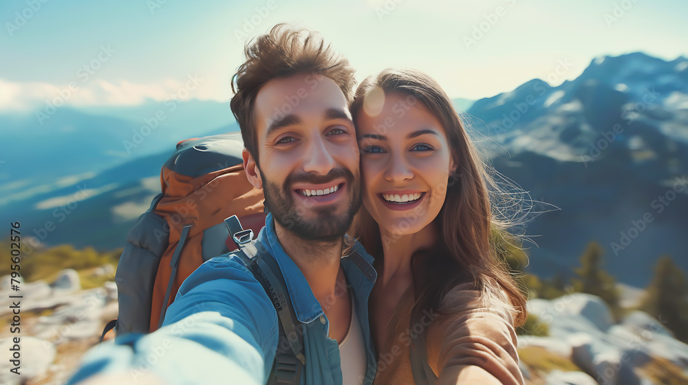 Portrait of smiling happy couple taking selfie by smartphone while hiking together in the mountains. Couple goals, Travel concept