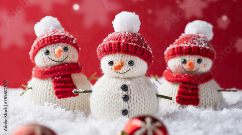 Little knitted snowman standing in winter landscape. Three happy snowman with soft snow on background. Merry Christmas and happy New Year