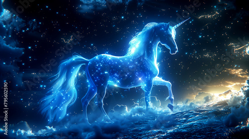 A shimmering unicorn constellation lights up the night sky