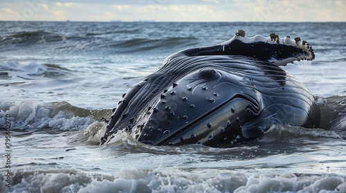 A humpback whale stranded on a beach.