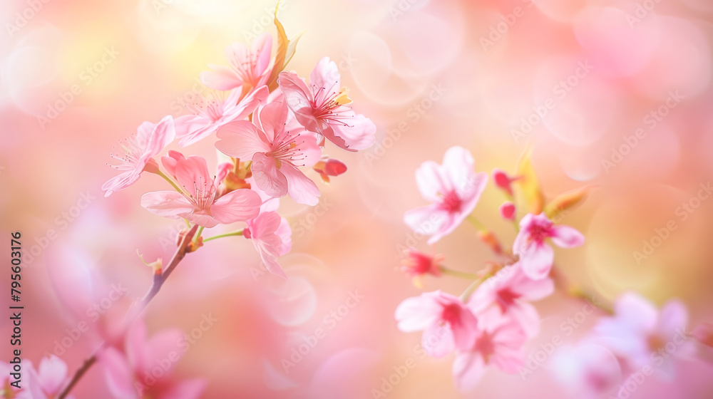 Blossoming cherry branch with vibrant pink flowers on bokeh background