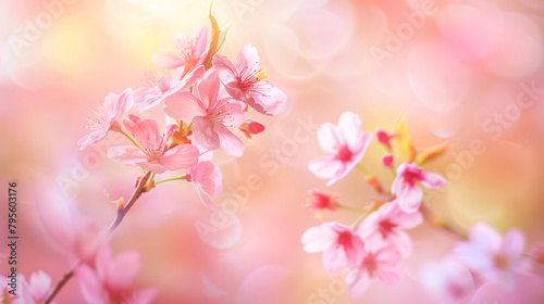 Blossoming cherry branch with vibrant pink flowers on bokeh background © Paula