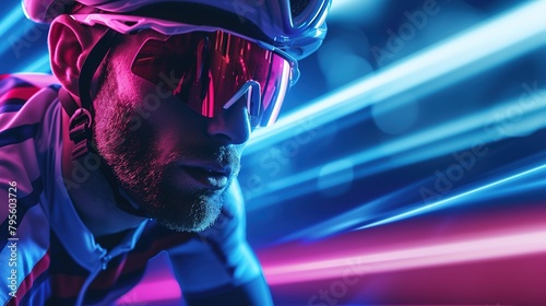 Close-up portrait of a cyclist man in a helmet on an ultraviolet neon background.