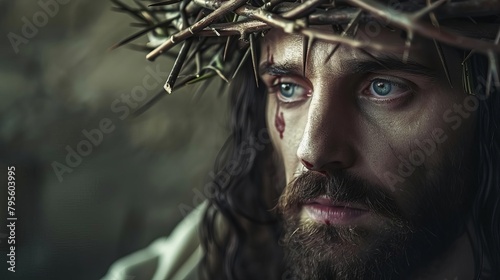 jesus christ with crown of thorns closeup portrait religious concept art