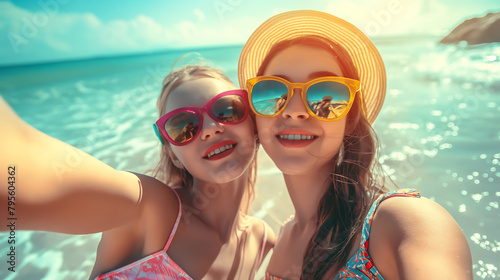 Portrait of smiling happy two women friends taking a selfie by smartphone while relaxing on the beach. Friendship, Travel, Summer concept