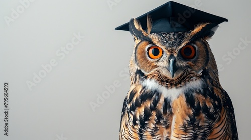 Wise owl with a graduation cap sits studiously against a white background photo