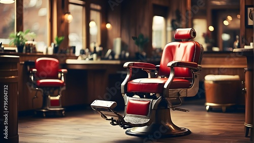 Type of Image: Artistic Image, Subject Description: A stylized artistic representation of a vintage barber chair in a stylistic barbershop setting, emphasizing the retro charm and masculine ambiance,  photo
