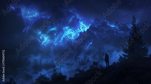 Blue mountains at night with a starry sky and a person standing in the foreground