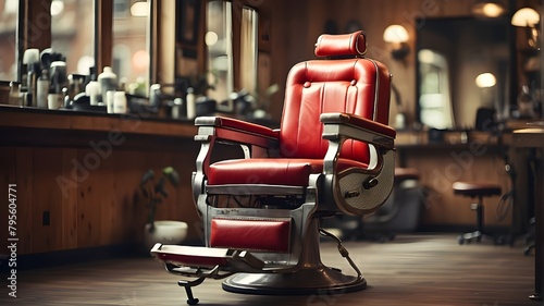 Type of Image: Artistic Image, Subject Description: A stylized artistic representation of a vintage barber chair in a stylistic barbershop setting, emphasizing the retro charm and masculine ambiance,  photo