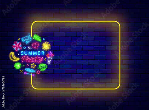 Summer party neon announcement. Circle layout with season icons. Shiny holiday promotion. Empty yellow frame and typography. Event celebration. Editable stroke. Vector stock illustration