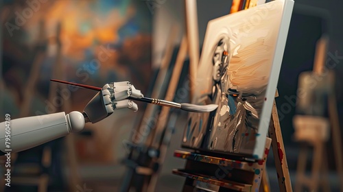 Robotic Arm Holding Paintbrush Creating Artwork  Generative AI photo